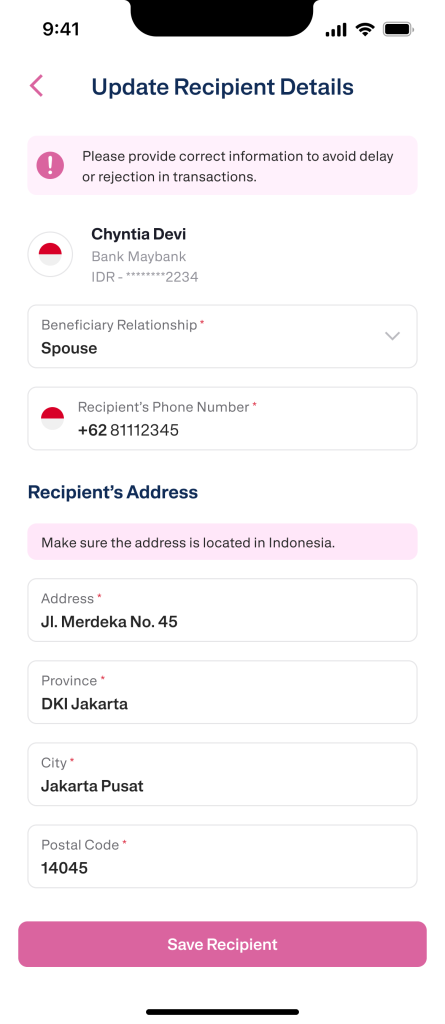 Tutorial Send Money from Singapore to Indonesia Use Transfez App 4 03 Edit Recipient eng