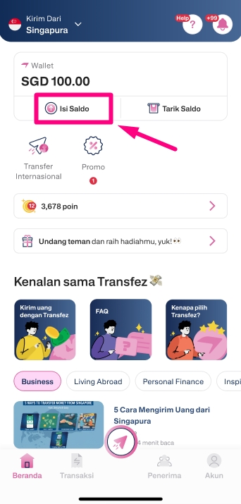 1. Buka aplikasi Transfez, lalu pilih menu Isi Saldo di halaman utama.