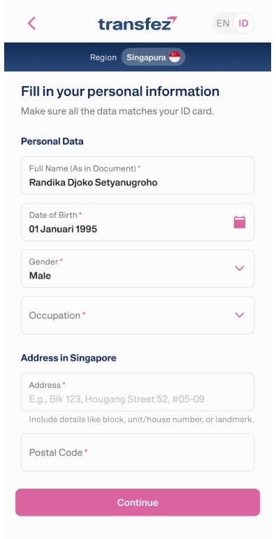 Isi Form Personal Transfez on WhatsApp