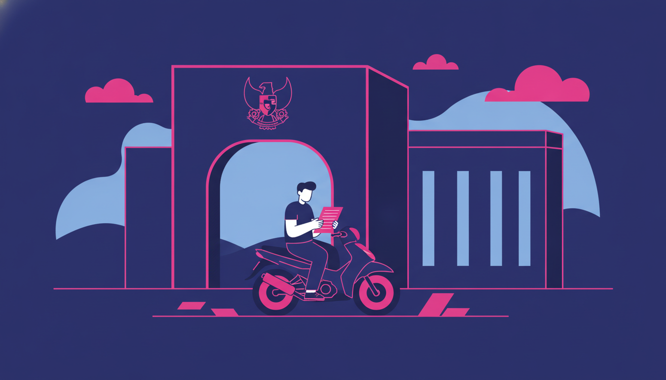 a person on a motorcycle parked outside a government vehicle registration office in Indonesia, looking at documents