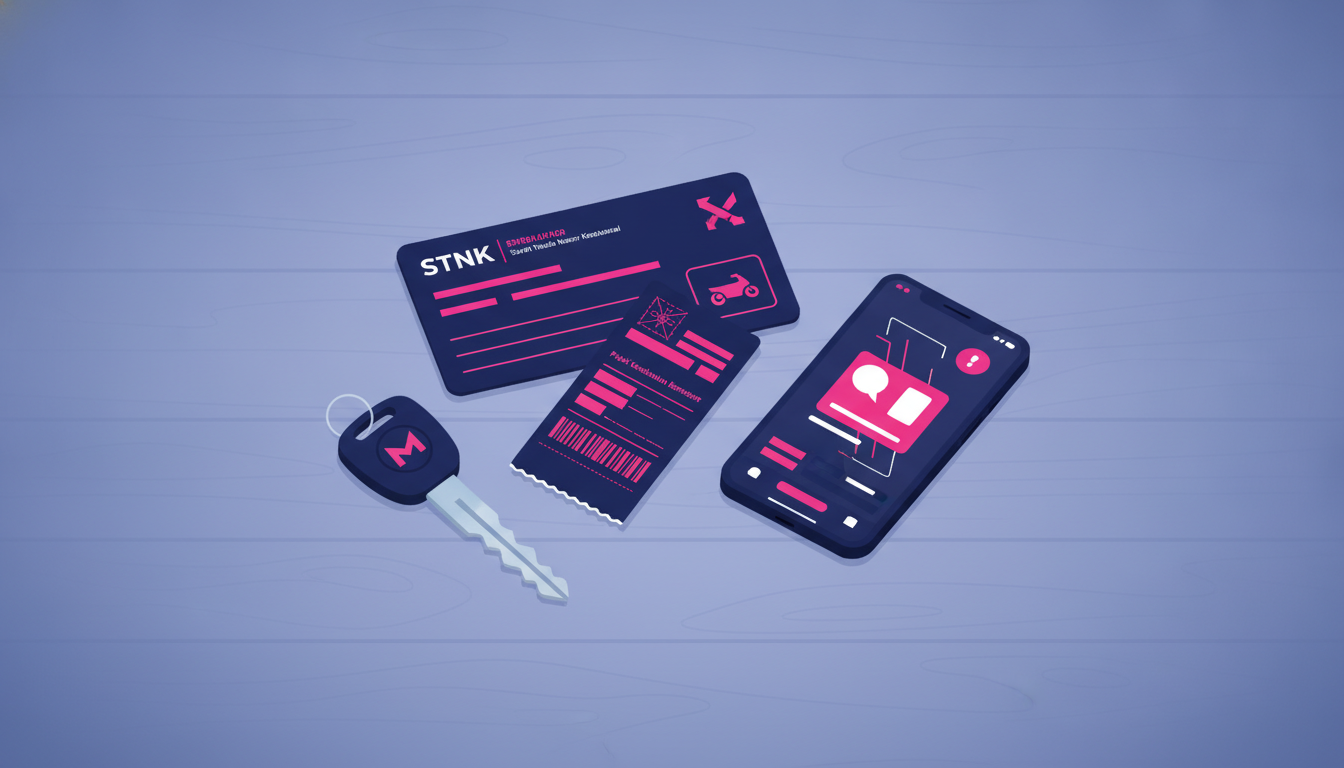 a close-up of Indonesian vehicle registration documents, a motorcycle key, and a smartphone laid out on a wooden table