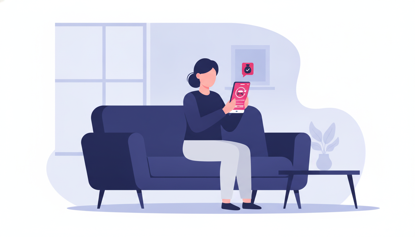 a young Indonesian woman sitting on a couch at home, using a smartphone app to pay vehicle tax