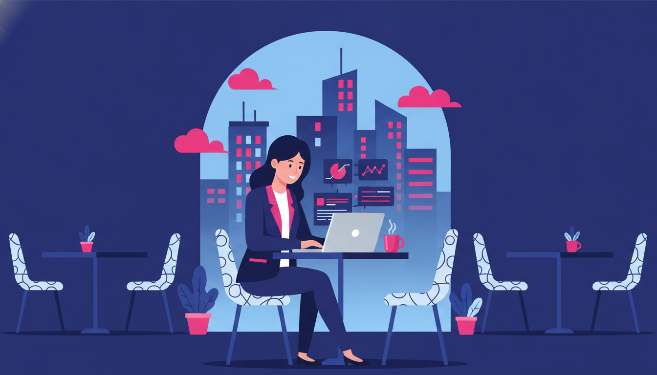 Bagaimana Cara Kerja di Luar Negeri: Panduan Lengkap 2 a young Indonesian professional sitting at a cozy cafe abroad, reviewing documents on a laptop with a city skyline in the background