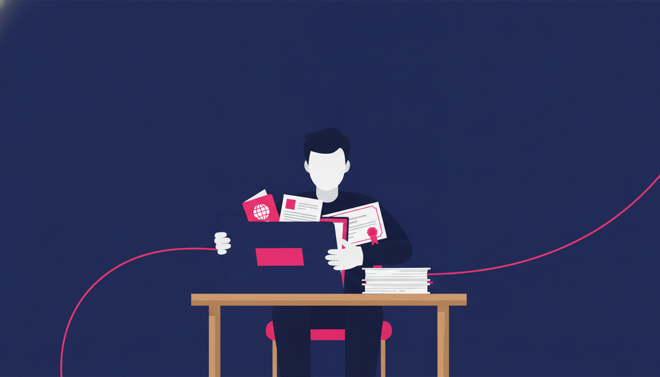 Bagaimana Cara Kerja di Luar Negeri: Panduan Lengkap 3 a person organizing a folder of official documents including a passport and certificates on a wooden desk