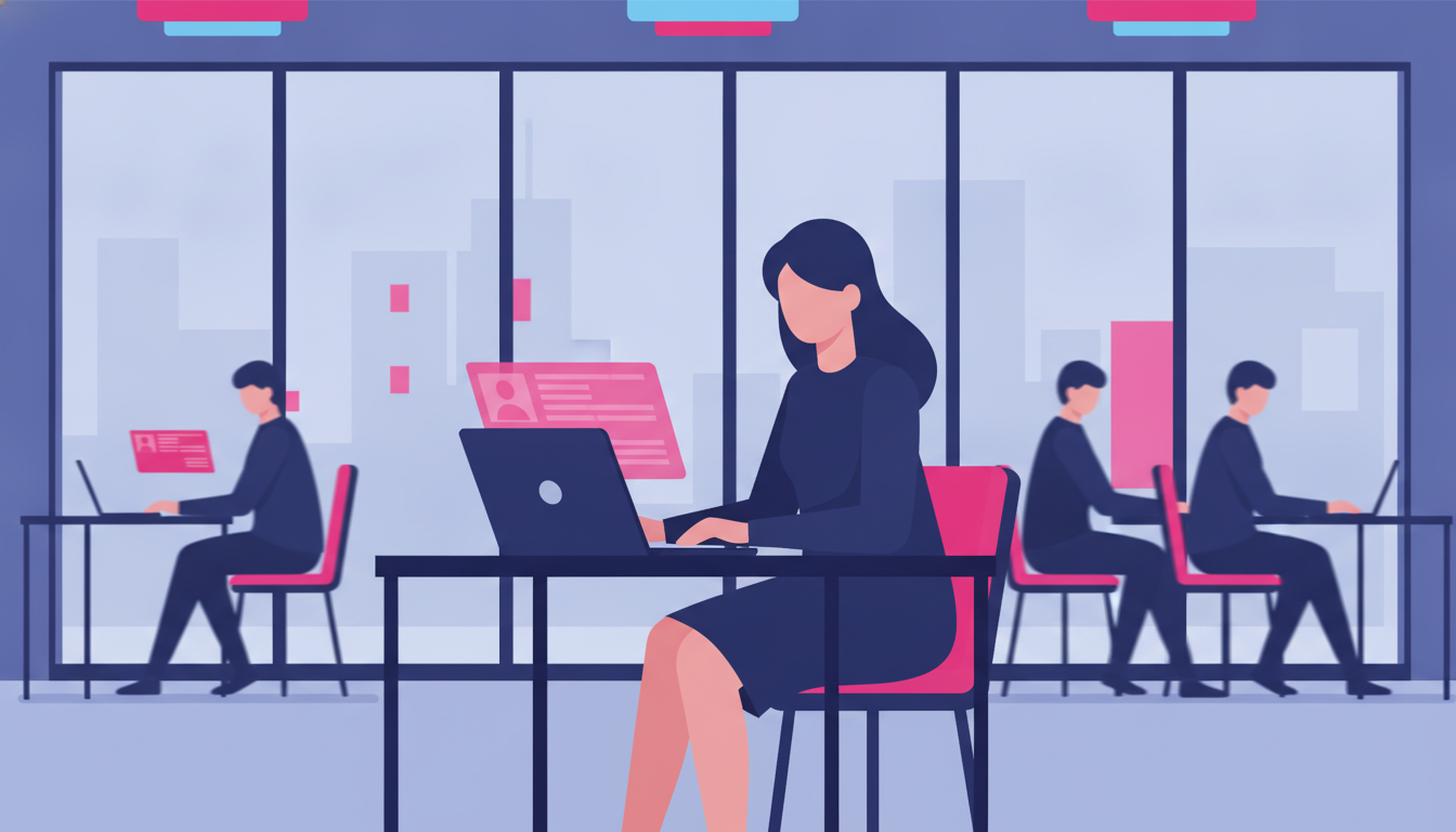 Bagaimana Cara Kerja di Luar Negeri: Panduan Lengkap 4 a professional woman browsing job listings on a laptop in a modern co-working space with large windows