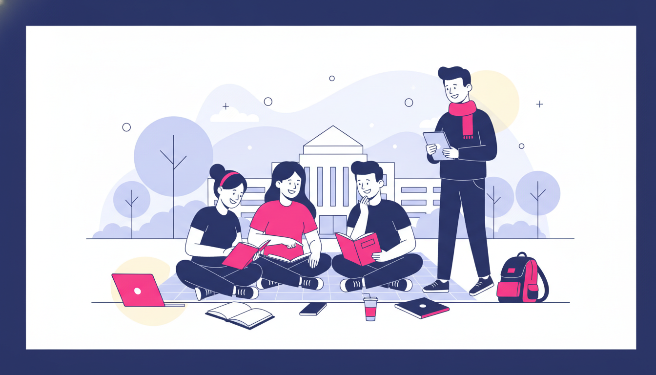a group of diverse university students studying together outdoors on a sunny campus, sharing notes and laughing