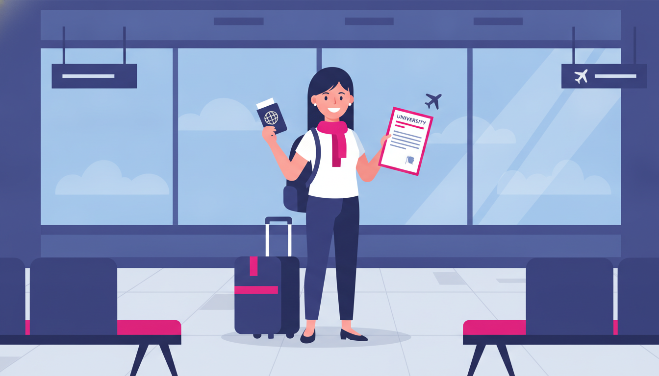a young woman at an airport departure terminal holding a passport and a university acceptance letter, smiling with her luggage ready