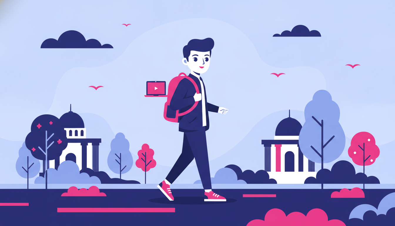a young Indonesian student walking through a picturesque university campus abroad, carrying a backpack, looking confident and curious