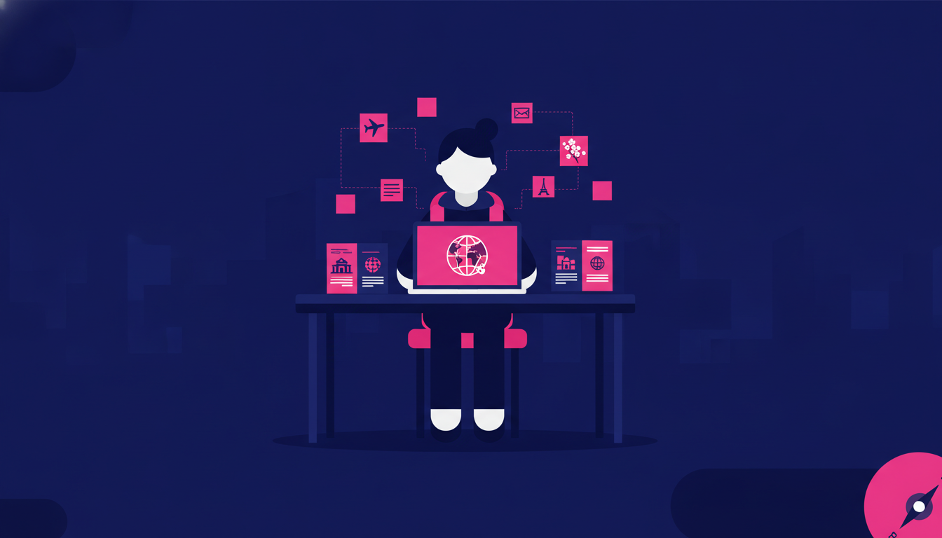a student sitting at a desk surrounded by university brochures, a laptop, and sticky notes, planning their study abroad journey
