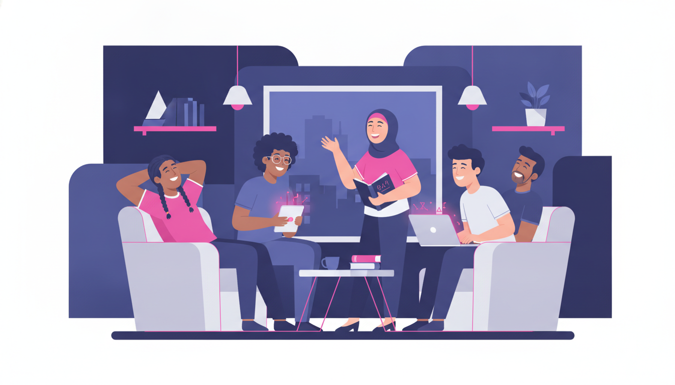 a group of international students from diverse backgrounds laughing together in a university common room, some with laptops and textbooks