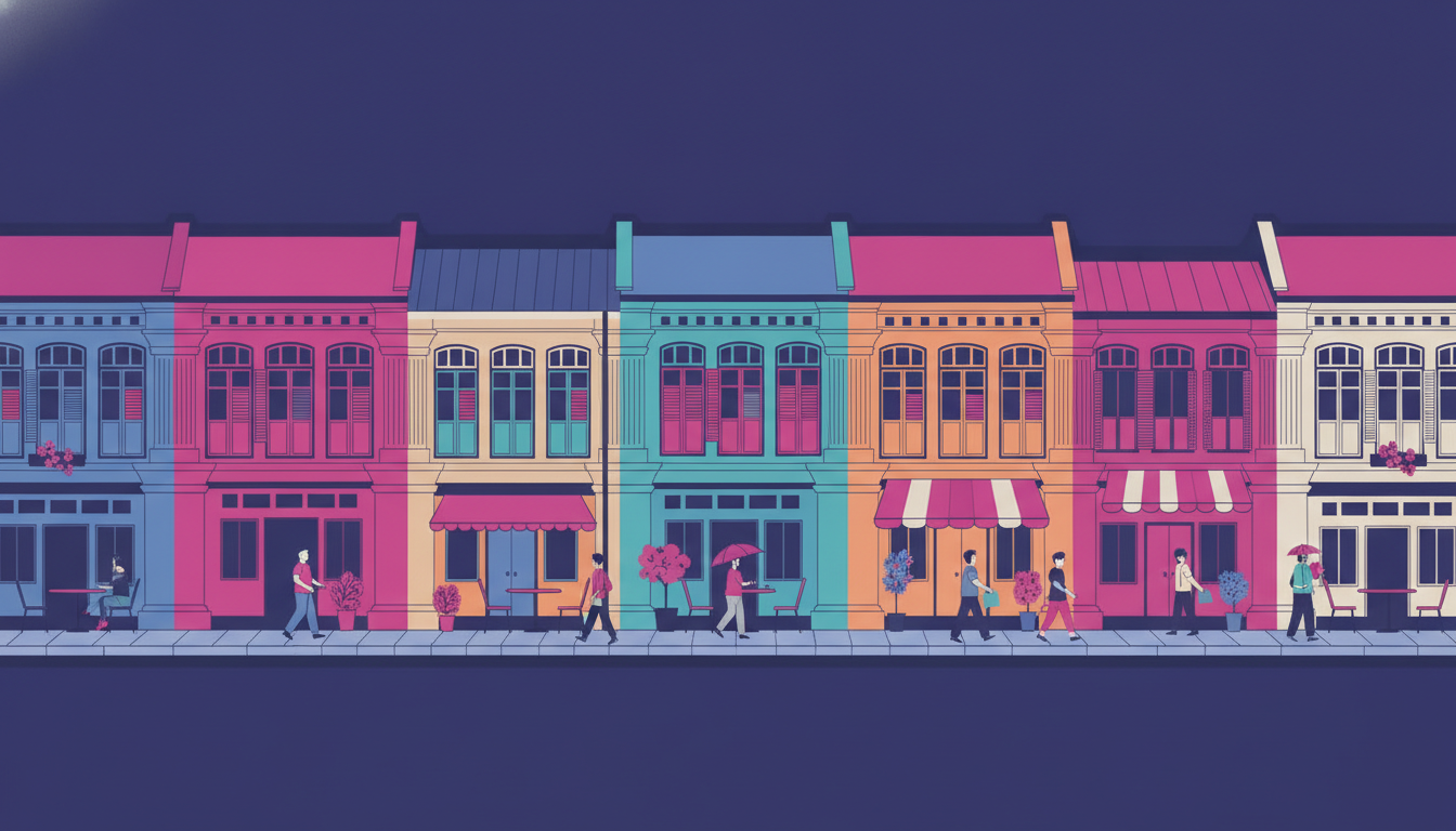 colorful traditional shophouses lining a quiet street with locals walking and small cafes
