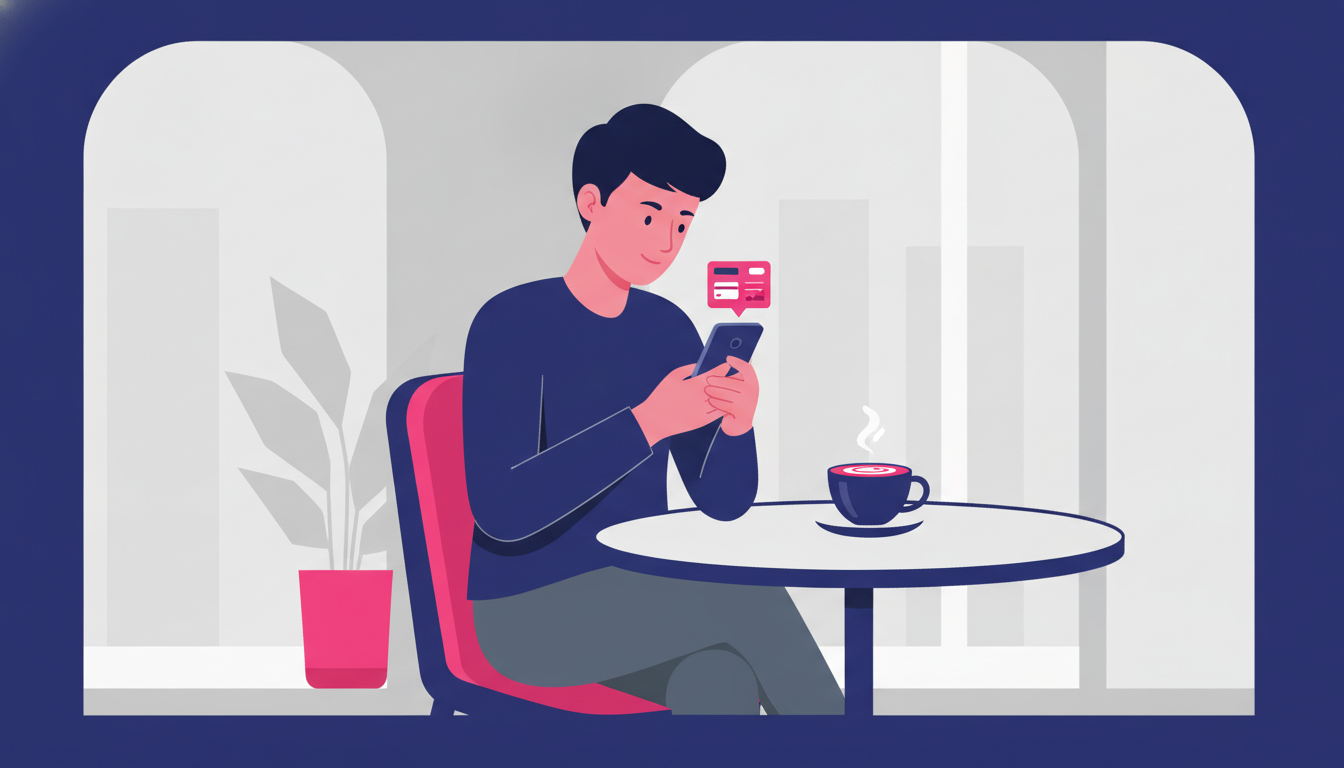 a young Indonesian person sitting at a cafe table, looking at a smartphone with a digital wallet app open, with a cup of coffee nearby