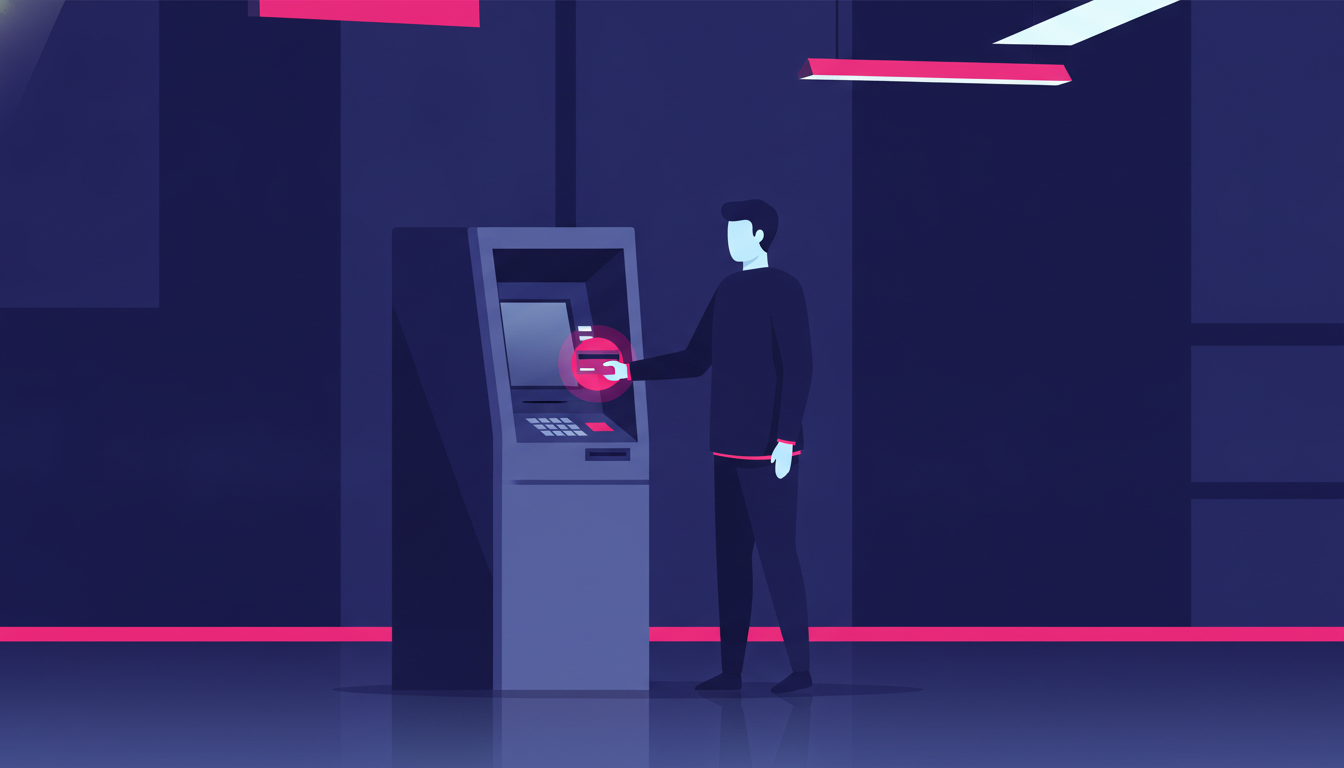 a person standing in front of a bank ATM machine in a well-lit indoor banking area, inserting a card