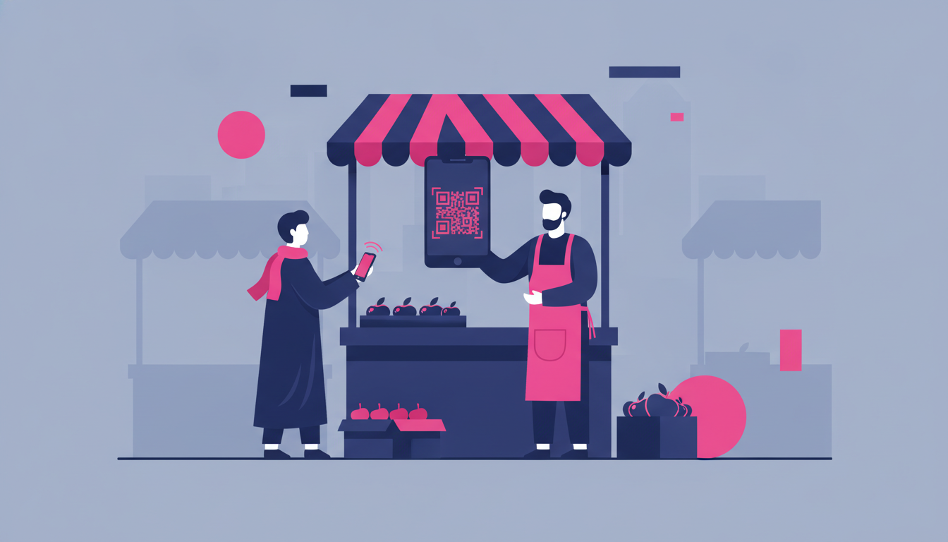 Small business owner showing QR code payment to customer at a traditional market stall
