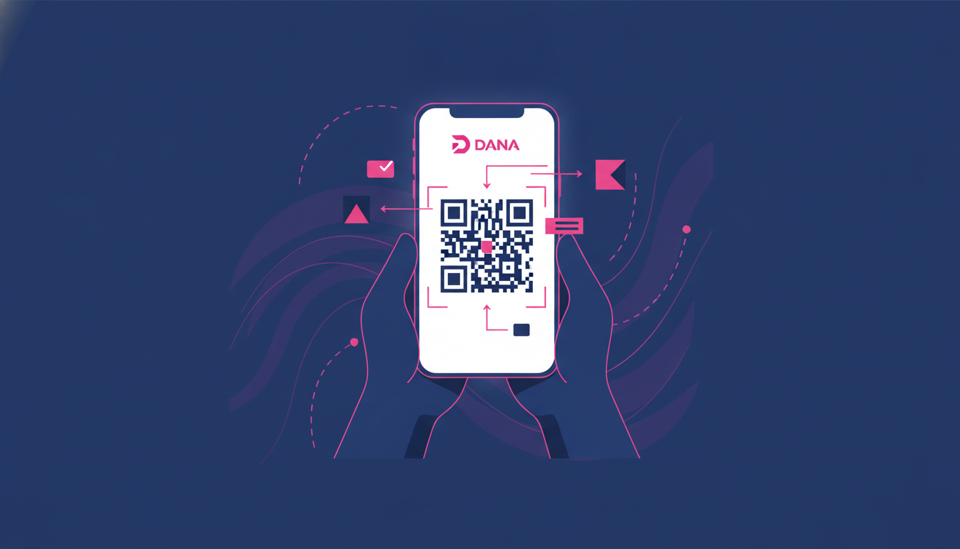 Hands holding smartphone showing DANA app interface during QRIS registration process
