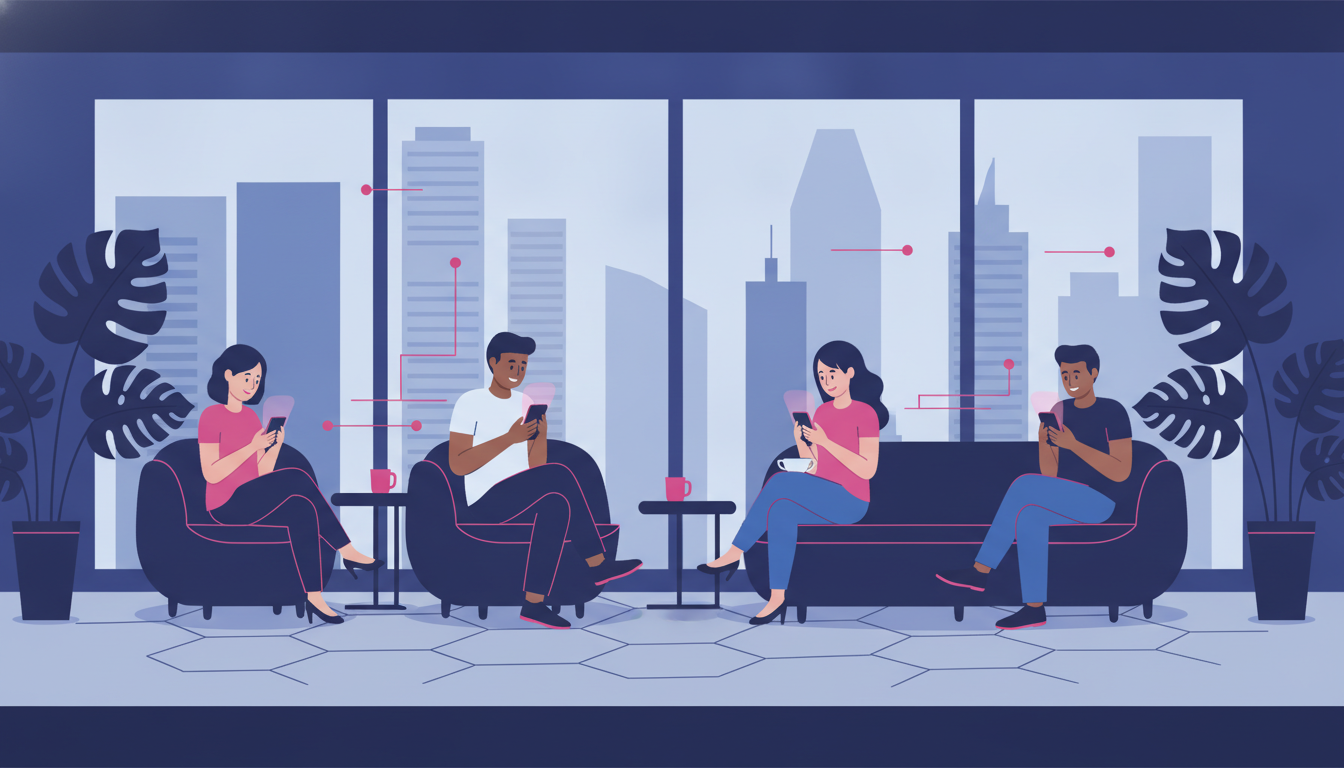 Cara Mendapatkan Nomor Singapura untuk WNA: Panduan Lengkap 2 A diverse group of international workers sitting in a modern Singapore office, using their mobile phones during break time