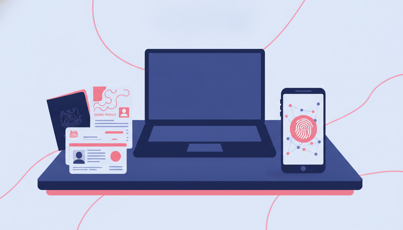 Cara Mendapatkan Nomor Singapura untuk WNA: Panduan Lengkap 3 A neatly organized desk with important documents including passport, work permit, and Singapore identification cards laid out for mobile registration