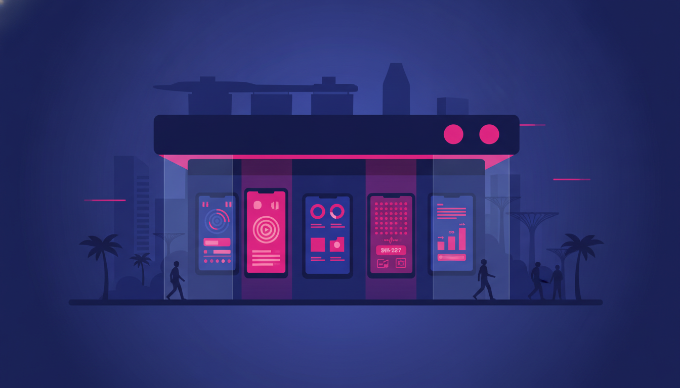 Cara Mendapatkan Nomor Singapura untuk WNA: Panduan Lengkap 4 A modern telecommunications store in Singapore with colorful displays showing different mobile plans and SIM card packages