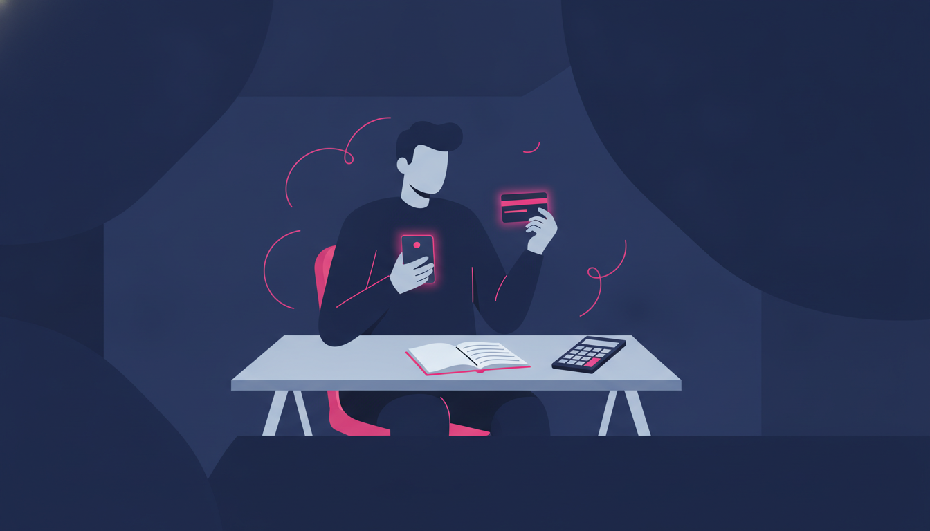 a person sitting at a desk looking thoughtfully at their smartphone while holding a credit card, with a notebook and calculator nearby