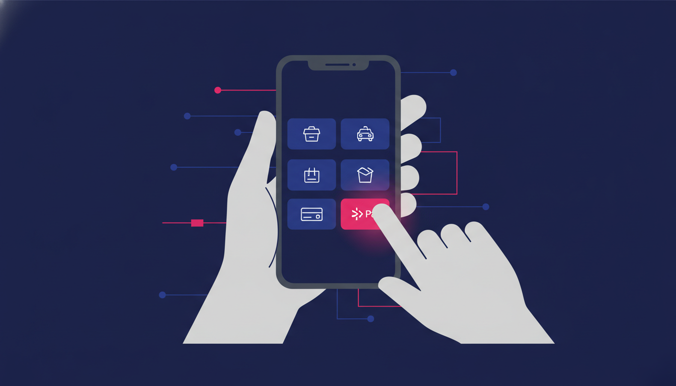 a close-up view of hands holding a smartphone showing the Gojek app interface, with finger pointing at menu options