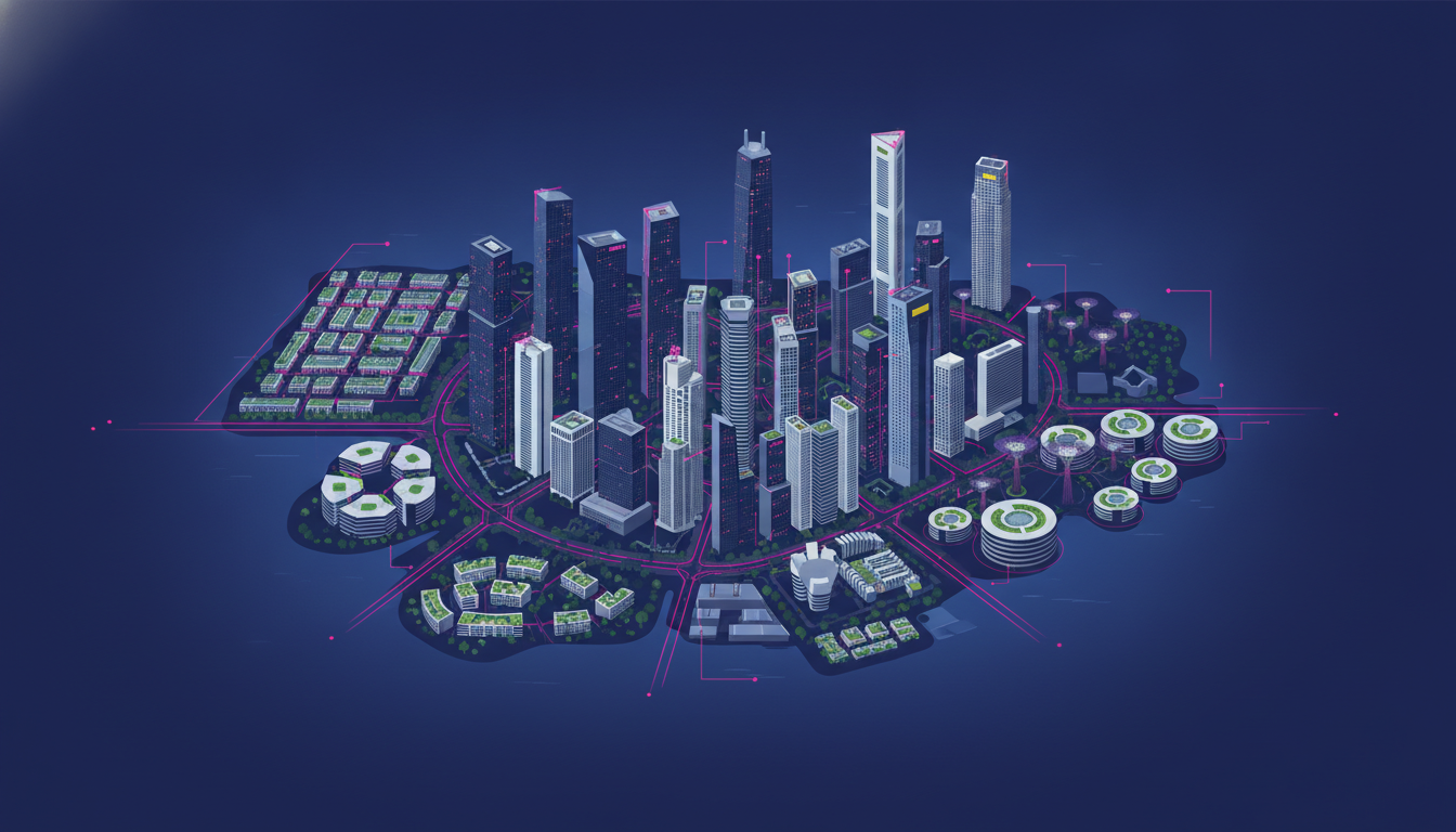 aerial view of Singapore's modern skyline with diverse neighborhoods and districts visible