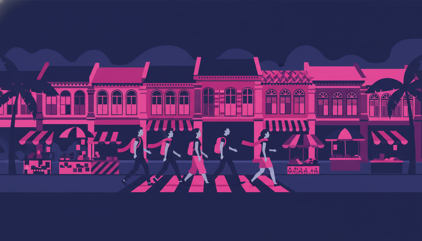 tourists walking through vibrant streets of Singapore with colorful shophouses and local markets