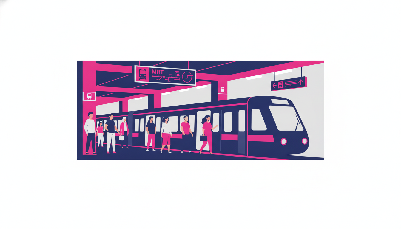 people using Singapore's MRT train system with clear station signs and modern train cars