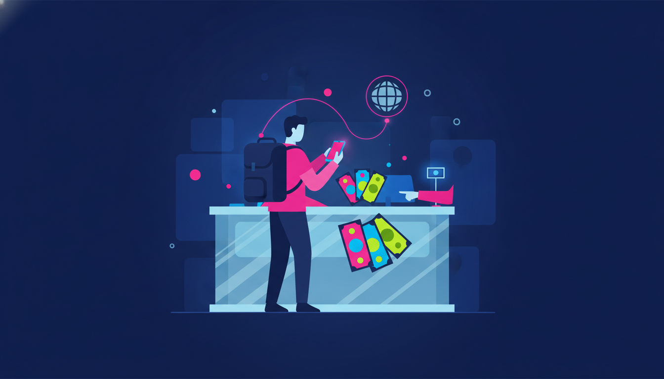 Currency Symbols of the World: Meanings & Origins 2 a traveler at an airport currency exchange counter examining colorful banknotes from multiple countries spread out on the counter