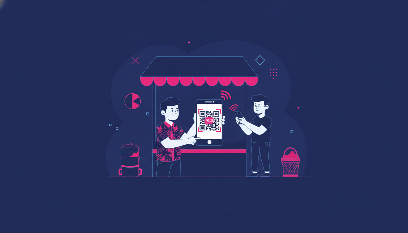 How to Create DANA QRIS: Complete Business Setup Guide 2 A small Indonesian warung owner showing a QRIS QR code on their phone to a customer making a payment