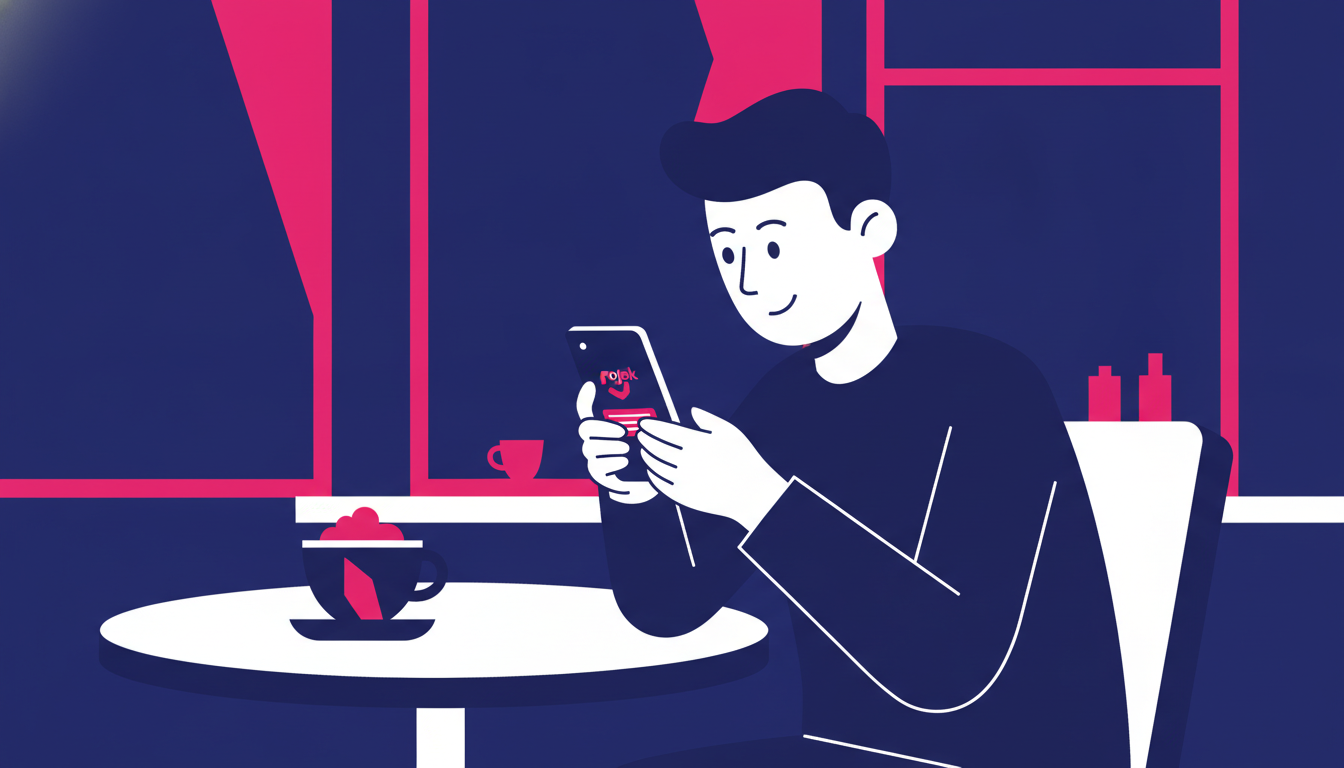 Person looking at smartphone with Gojek app open, sitting at a coffee shop table