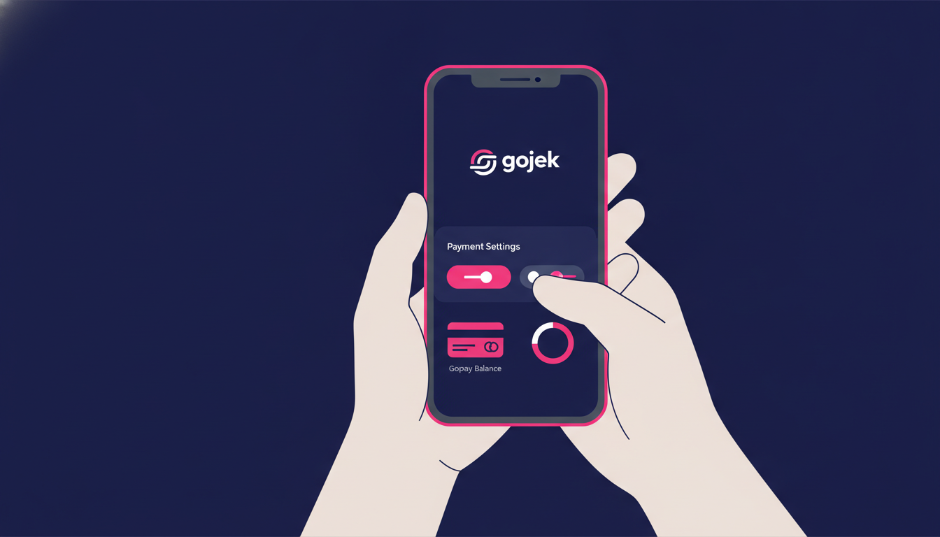 Close-up of hands holding a smartphone showing the Gojek app interface with payment settings visible