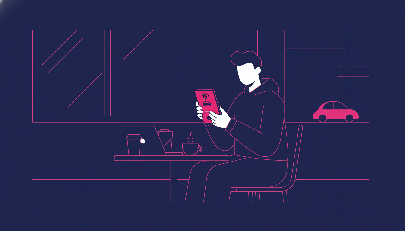 A person using a smartphone app to complete a vehicle tax payment while sitting at a café