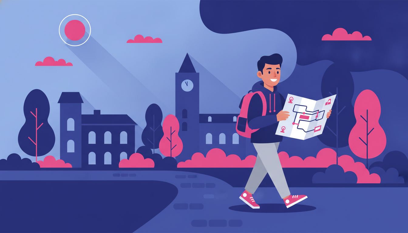 How to Study Abroad as an International Student: Full Guide 2 a young Southeast Asian student smiling while walking through a university campus in Europe, carrying a backpack and holding a campus map