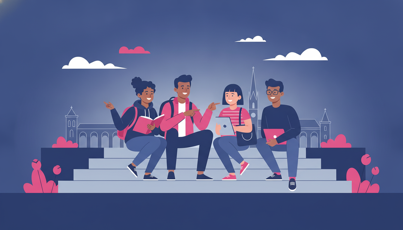 a diverse group of young students sitting on university campus steps outdoors, smiling, with backpacks and books, in a European city setting