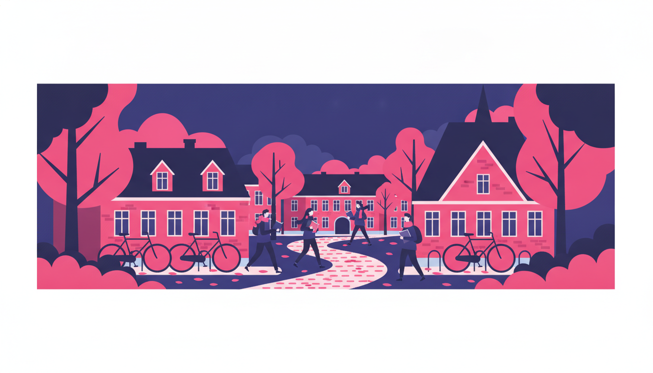 a scenic view of a Nordic university town with red brick buildings, bicycles parked outside, and students walking on a cobblestone path in autumn