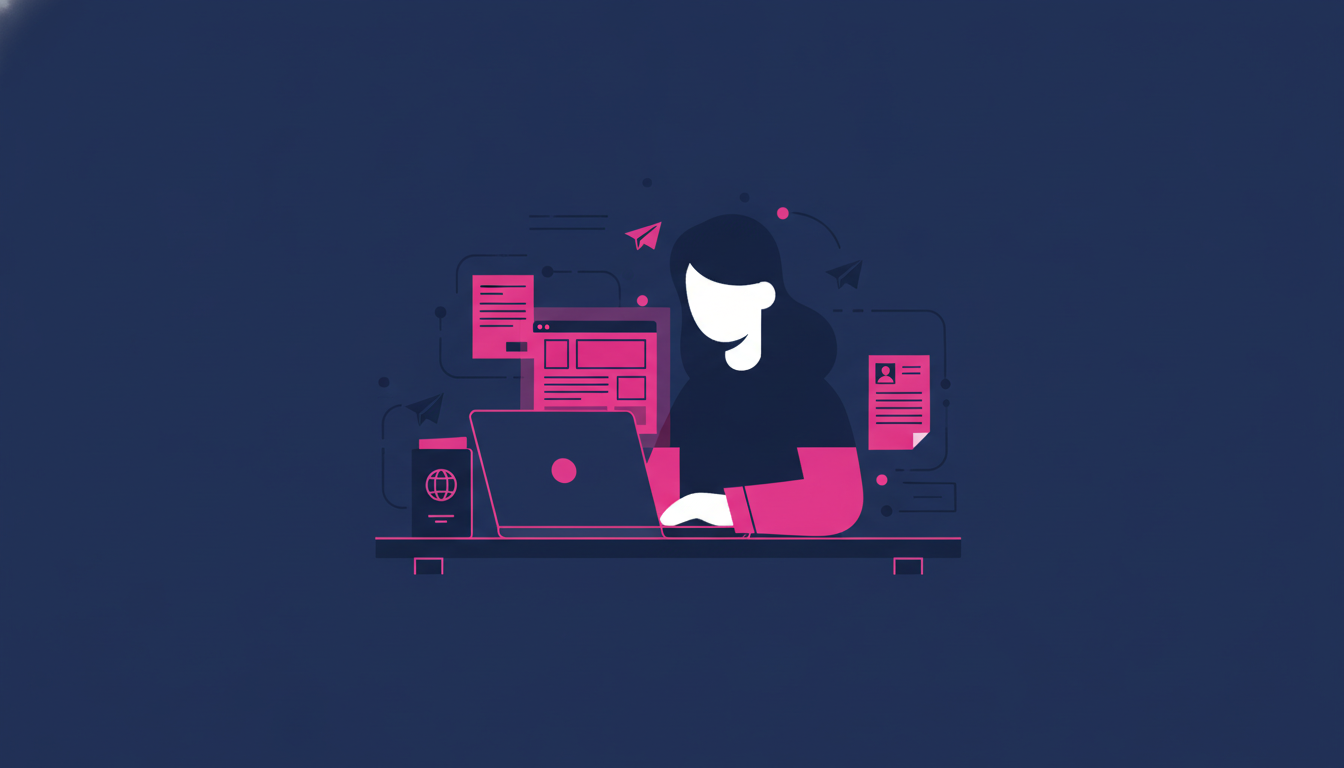 a person sitting at a desk surrounded by documents, passport, and a laptop open to a job search website