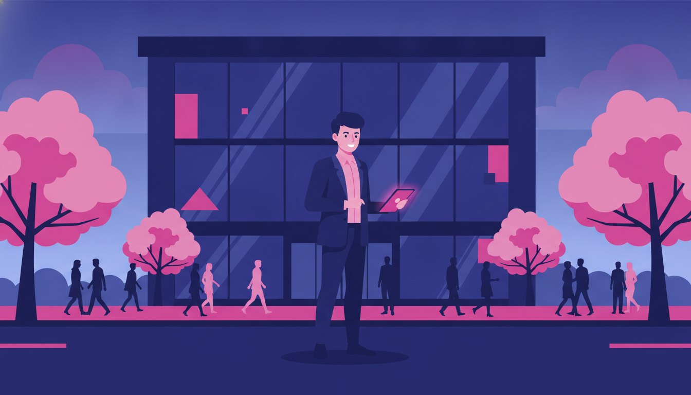 a young professional in business casual attire standing in front of a modern glass office building in a busy Japanese city district, with cherry blossom trees lining the street