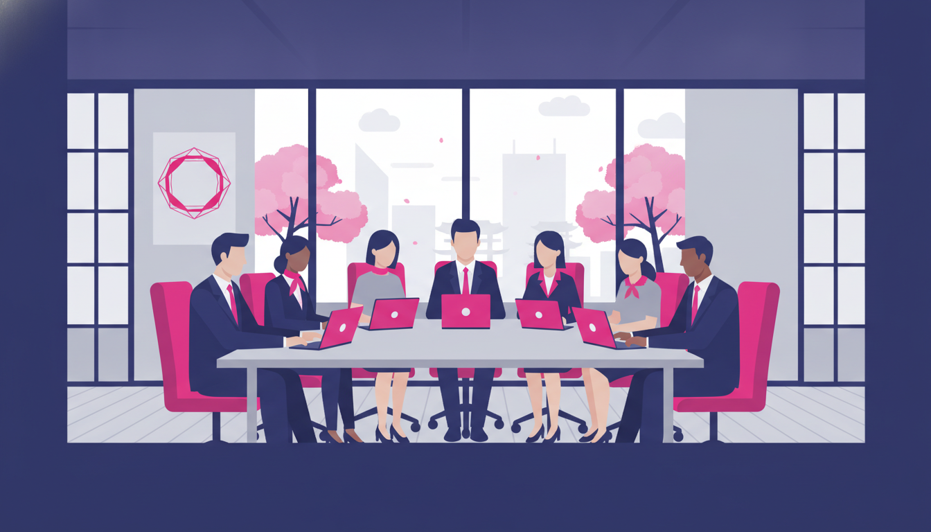a diverse group of young professionals having a collaborative meeting around a table in a bright modern Japanese office, looking engaged and motivated