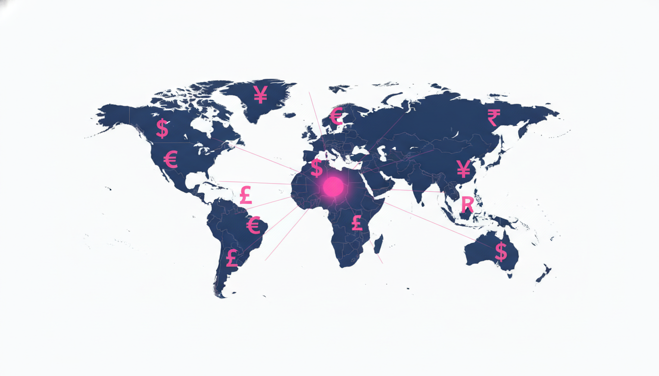 a world map with currency symbol icons placed on different countries, viewed from above on a bright surface