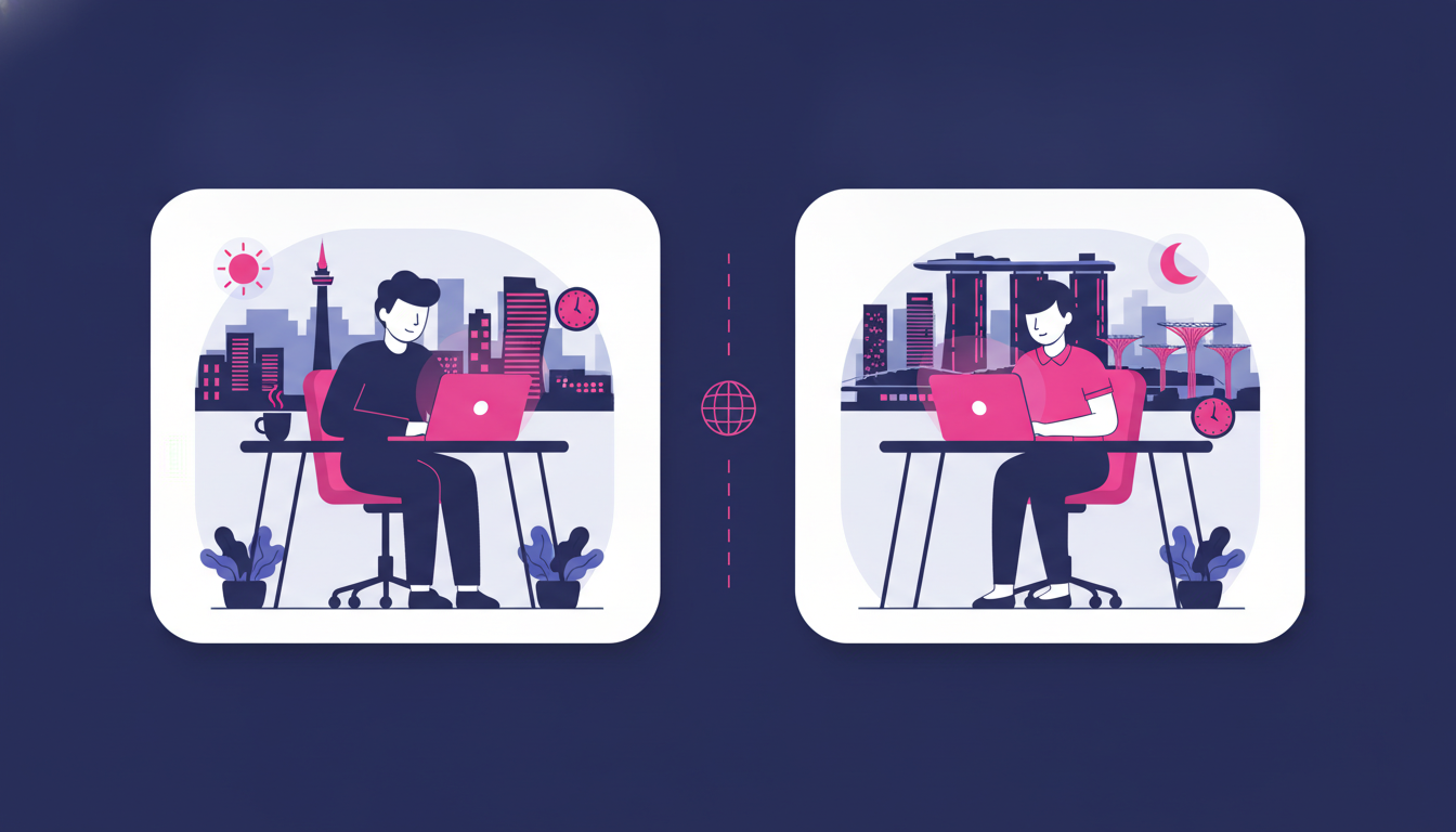 Perbedaan Waktu Singapura dan Indonesia: Panduan Lengkap 3 a split-screen illustration showing a person in Jakarta at a desk during daytime and another person in Singapore working at the same moment