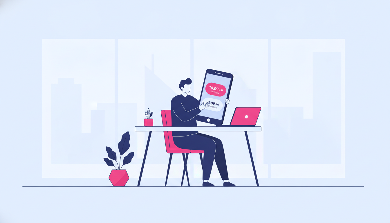 Perbedaan Waktu Singapura dan Indonesia: Panduan Lengkap 4 a person using a smartphone with dual clock widgets showing two different city times, sitting in a bright modern workspace