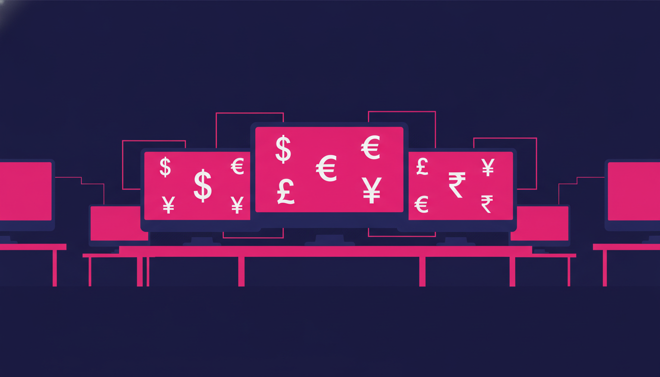 Simbol Mata Uang Dunia: Panduan Lengkap dan Maknanya 2 A diverse collection of international currency symbols displayed on computer screens in a modern financial office