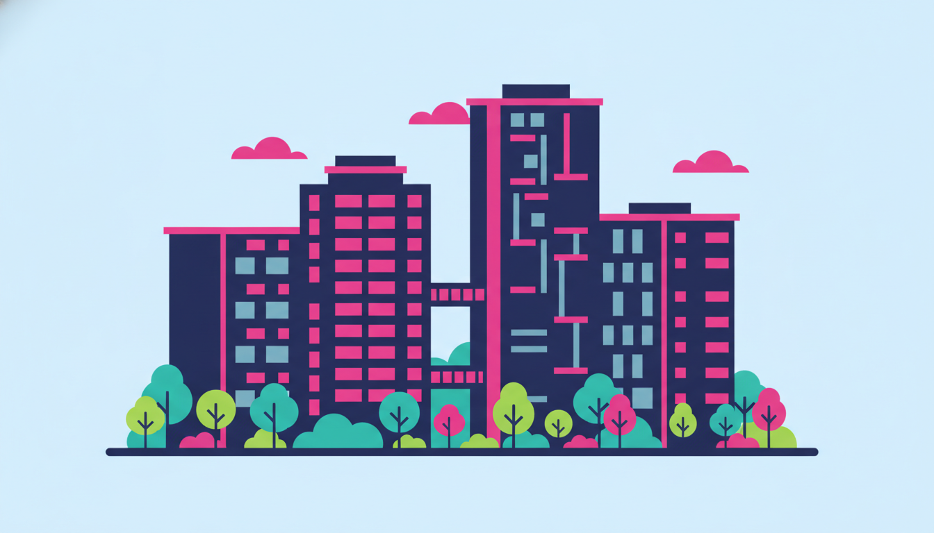 Colorful HDB apartment buildings in a Singapore residential neighborhood with green spaces
