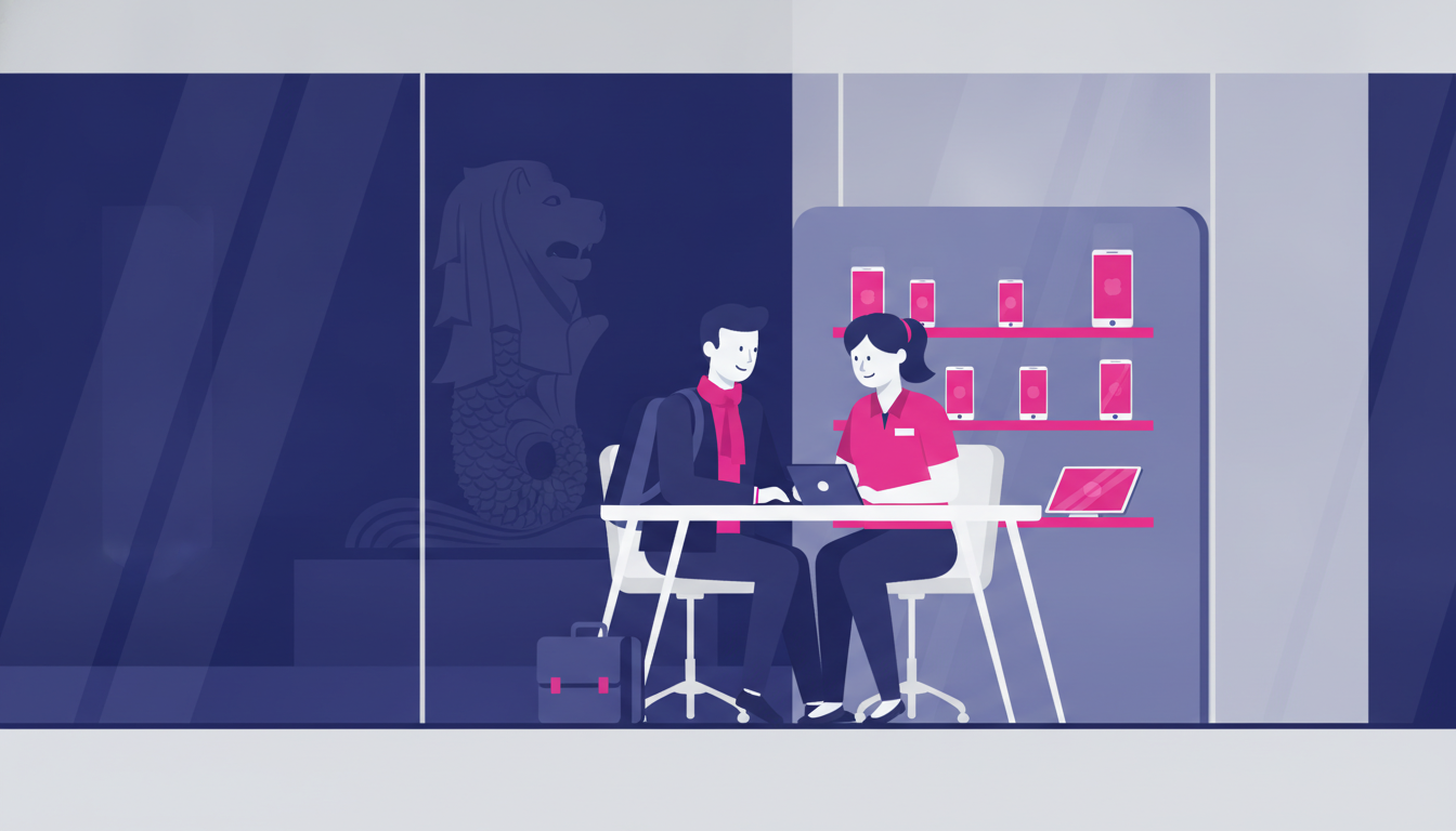 A professional foreigner meeting with a mobile service representative at a clean, modern telco store in Singapore
