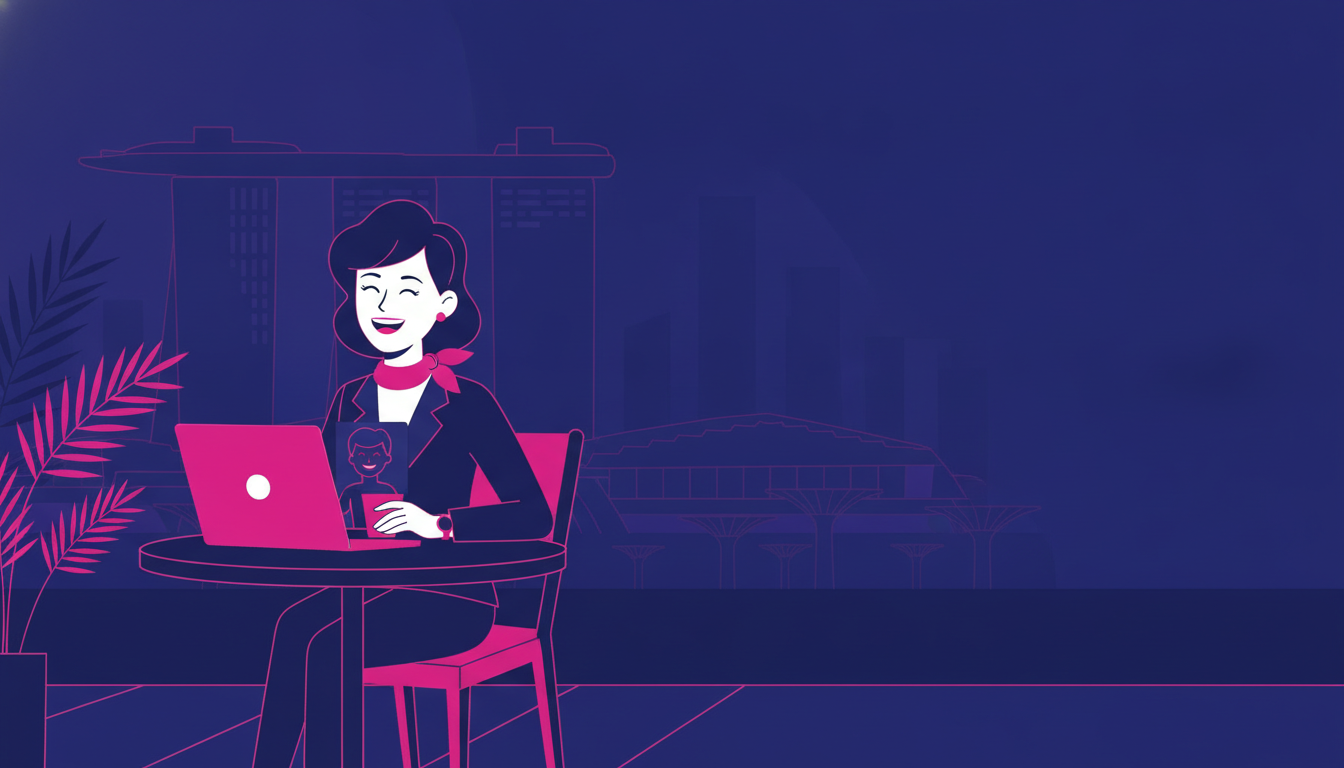 a woman sitting at a cafe in Singapore with a laptop open, video calling someone on the screen, smiling warmly