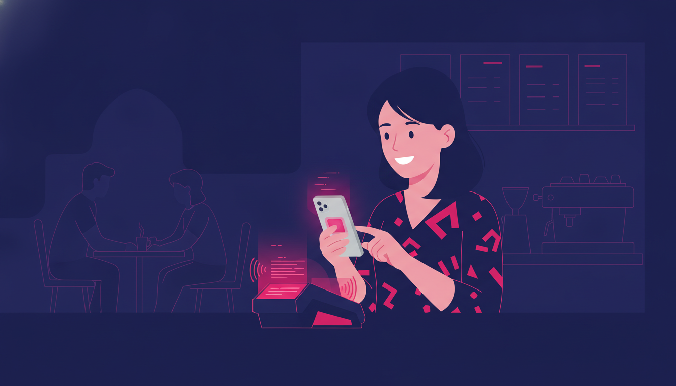 a young Indonesian woman smiling while tapping her smartphone screen at a busy cafe, with a digital payment terminal on the counter in front of her