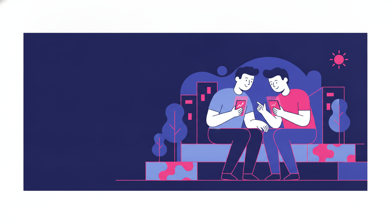 two friends sitting outdoors on steps, both looking at their phones and smiling, one showing the other something on the screen
