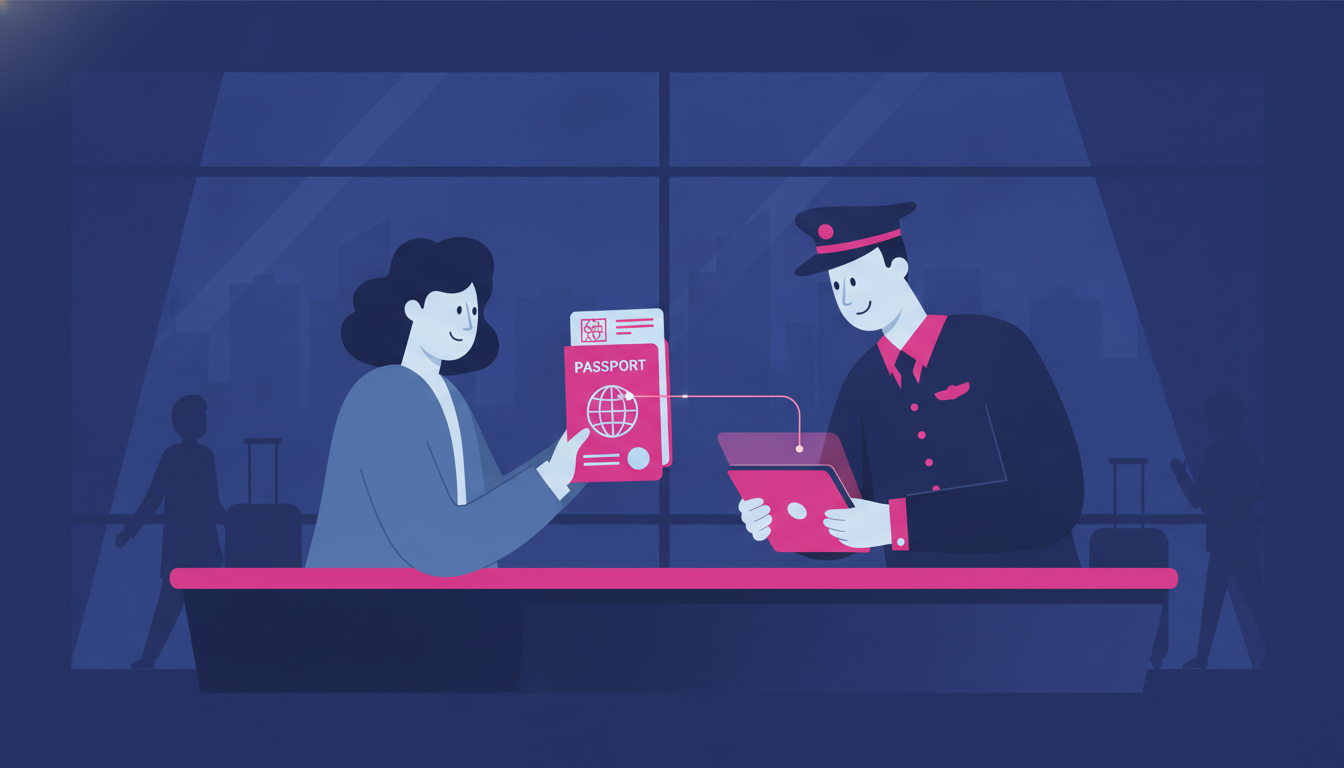 a person holding an open passport at an airport immigration counter, a friendly officer checking it