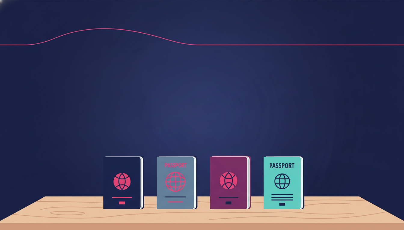 four different passport booklets of varying colors laid out side by side on a wooden desk