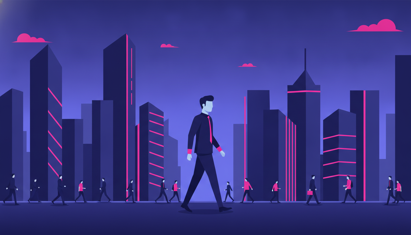 a young professional in business attire walking through a modern Tokyo office district surrounded by skyscrapers and other commuters